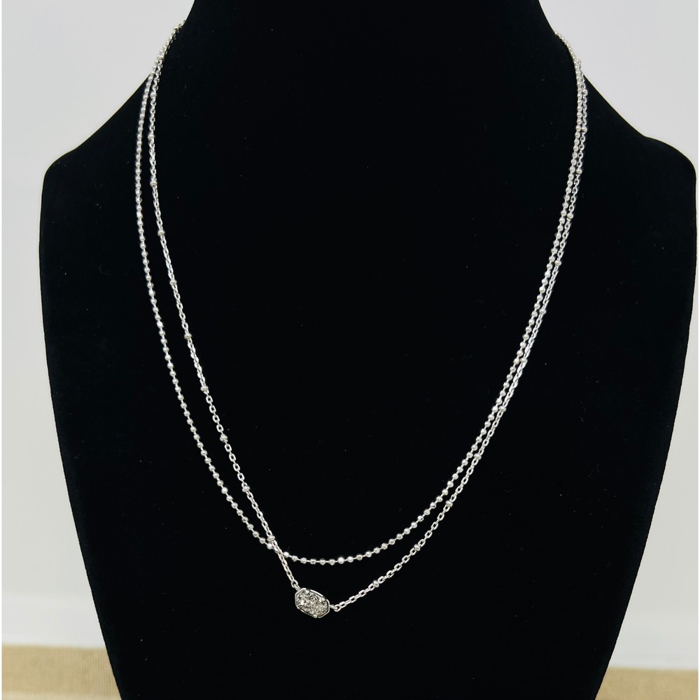 Kendra Scott Elisa Double Strand Necklace Rhodium Silver Black Drusy Layered - Picture 2 of 10